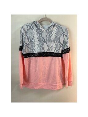 Women's Snakeskin Hoodie Small Pink Black Sequin Colorblock Pullover Sweatshirt